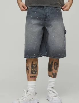 Herren Rundum Strass-verzierte Overdye-Jorts Grey Größe 28 - boohooMAN - FashionsVida