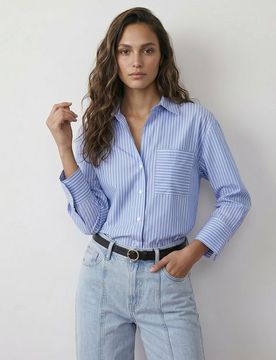 Camicia a righe con misto cotone - azzurro