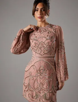 Women's Muse Chiffon Embellished Mini Dress With Blouson Sleeves in Nude Size: 14 - Nude - Size: 14 - Coast - FashionsVida