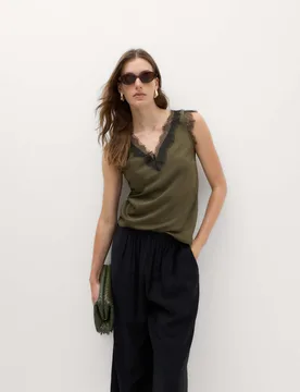 Satin V-Neck Lace Insert Cami Top Olive Mix female - M&S - FashionsVida