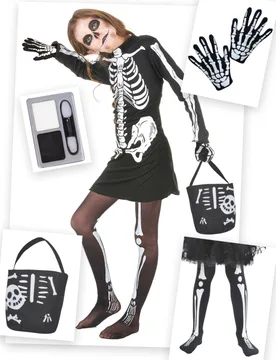 Skelett-Kostümset Halloween-Mädchenkostüm 5-teilig schwarz-weiss - BCI - FashionsVida