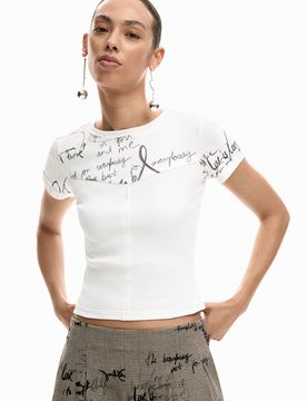Camiseta rib lettering, Mujer, Algodon, Blanco, XS