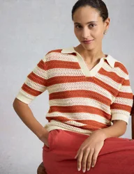 Pure Cotton Collared Knitted Top Brown Mix female