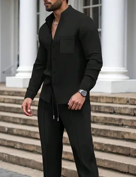 Conjunto de 2 piezas para hombre, camisa de manga larga con cuello alto y bolsillo sólido + pantalones largos, conjunto casual deportivo de primavera - Shein - FashionsVida
