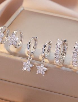 Set de 6 piezas de pendientes de aro y colgantes con flores y piedras de circonita brillantes, set de joyas de lujo para regalo de San Valentín, mam?