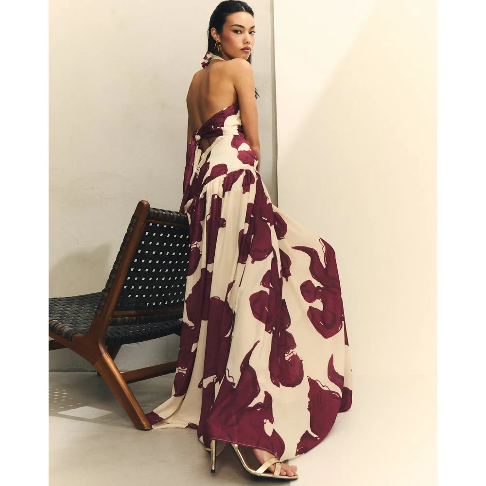 Vestido largo cuello halter con estampado floral - Hannibal Laguna Collection - FashionsVida