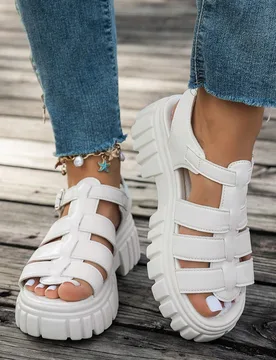 Sandalias romanas tejidas para mujer con plataforma, tacón grueso hueco, cómodas y transpirables - Shein - FashionsVida