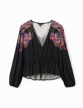 Blouse croisée fleurie numérique, Viscose, Noir, XS