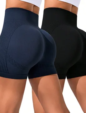 Piezas Shorts de yoga de cintura alta para mujer, negro y azul marino, que levantan el trasero - Shein - FashionsVida