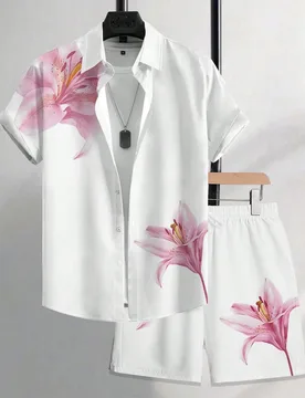 Camisa de manga corta con botones y estampado floral, y pantalones cortos para hombre - Conjunto casual diario - Shein - FashionsVida