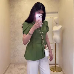 New Womens Short Sleeve Lapel Waist Cinched Cropped Blazer Button Front Short Jacket Summer Office Daily Elegant Casual Top