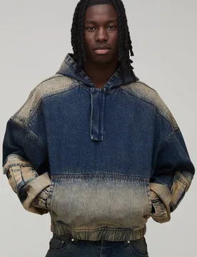 Herren Übergroßer Kastenförmiger Ballon-Schnitt Denim-Kapuzenpullover Antique Wash Größe 2XL - boohooMAN - FashionsVida