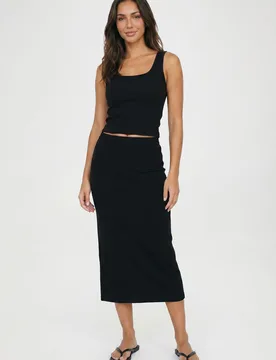 Womens Petite Basic Solid Black High Waisted Midi Skirt Viscose - Size 12 Uk - Boohoo - FashionsVida