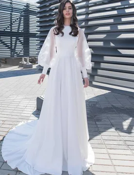 Simple Bride Wedding Dress Lantern Long Sleeve O-Neck A-Line Floor Length with Belt and Sweep Train Bridal Customized Gowns - Aliexpress - FashionsVida