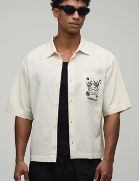 Men's Oversized Boxy Linen Blend Embroidered Pocket Shirt Natural Size Small Natural S - boohooMAN - FashionsVida