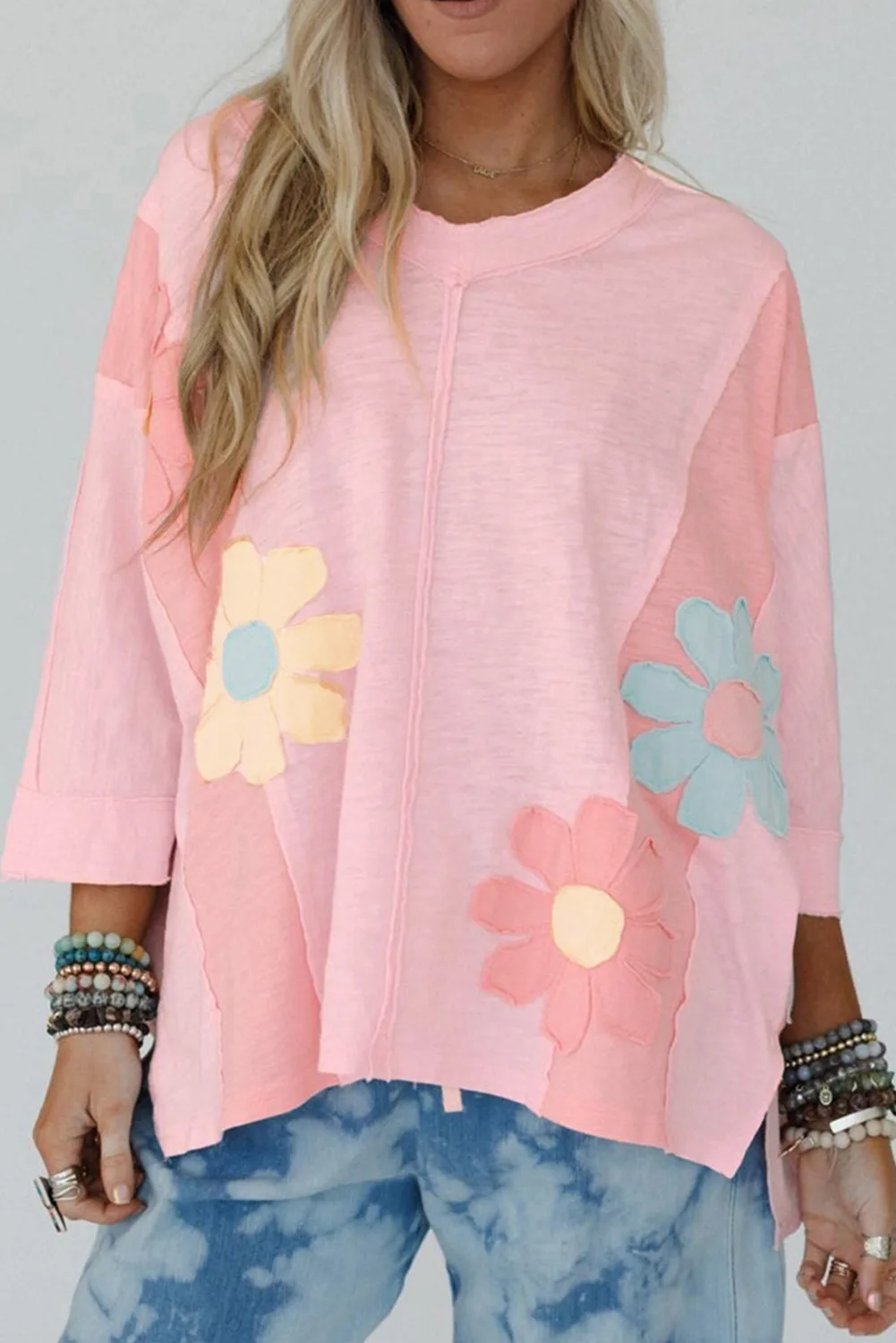 Womens Floral Patchwork Top - Light Pink - Size X-Large - Azura Exchange - FashionsVida