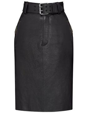 Belted Pencil Skirt in Grained Leather