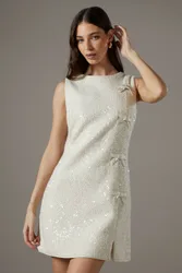 Sequin Boucle Shift Dress With Bows - Ivory - Size: 8