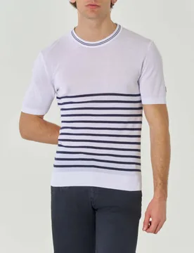 Maglia mezza manica bianca in puro cotone con fantasia a righe blu - My Stuff - FashionsVida