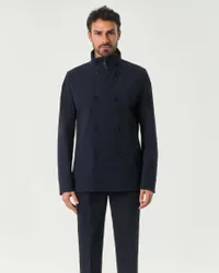 Giacca doppiopetto blu in tessuto tecnico stretch