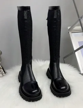 Nuevas Botas Altas de Mujer para Primavera, Botas Altas Minimalistas Negras de Malla Transpirable, Botas de Montar con Plataforma y Tacón Grueso, Tal - Shein - FashionsVida