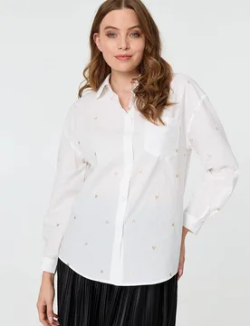 Womens White Heart Embroidered Long Sleeve Shirt - Size 14 Uk - Izabel London - FashionsVida