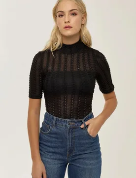 Womens Half Turtleneck Textured Top - Black - Size Large - Hiccup - FashionsVida