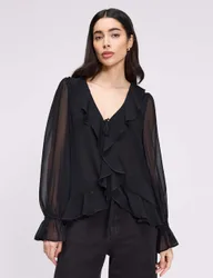 Chiffon V-Neck Ruffle Tie Front Blouse Black female