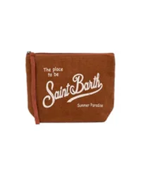 Pochette Aline marrone in lino con scritta logo bianca stampata