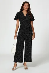 Women's Dot Print Wrap Top Jumpsuit In Black Size: Medium - Black - Size: M