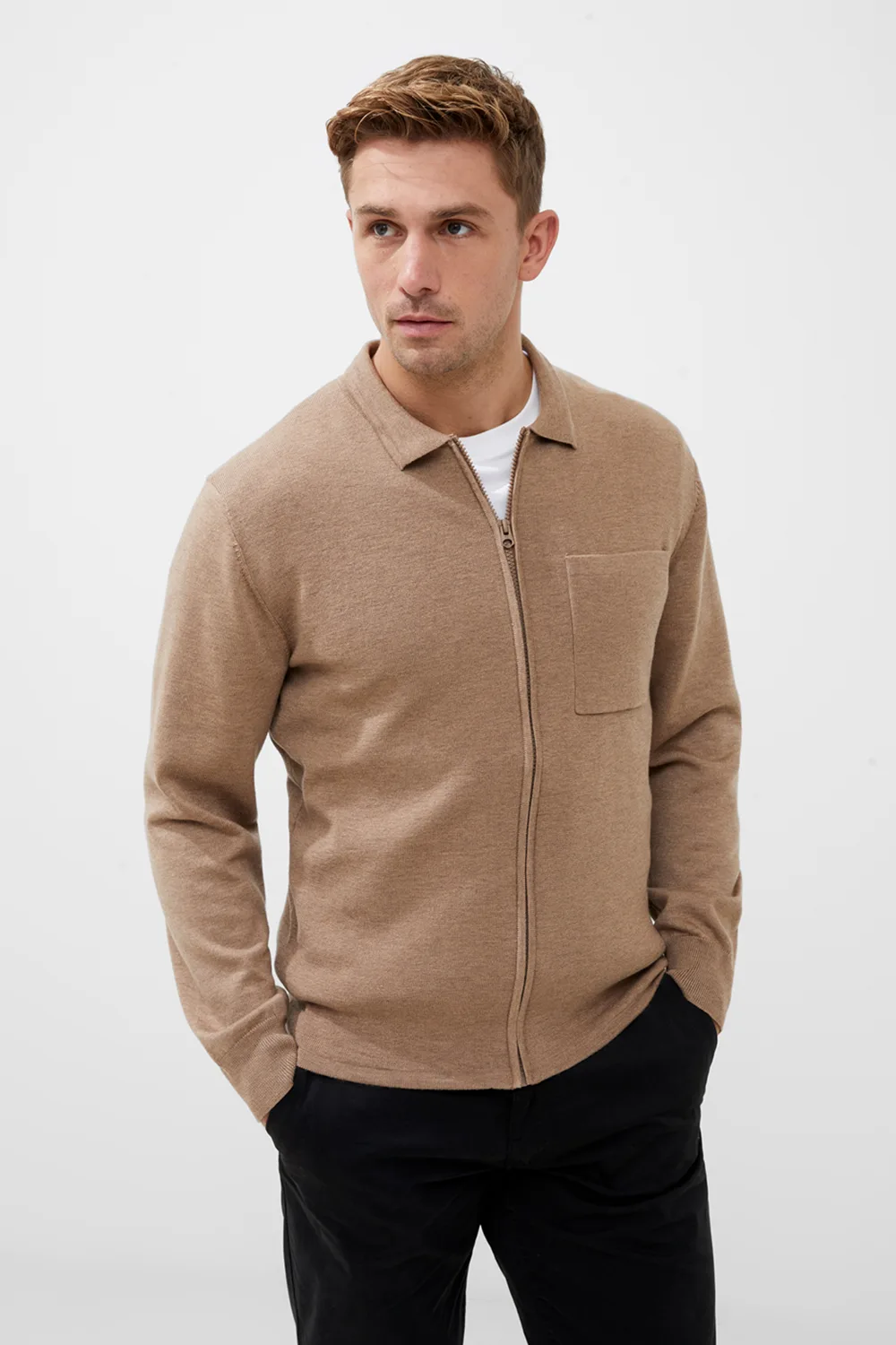 Mens Natural Zip-Through Knit Jumper - Size 2xl - French connection - FashionsVida