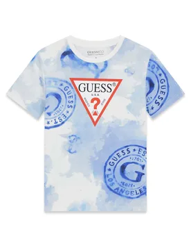 T-shirt mezza manica azzurra in cotone con stampa fantasia e logo - Guess - FashionsVida