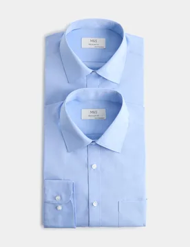 Pack Regular Fit Easy Iron Cotton Blend Shirts Mid Blue male - M&S - FashionsVida