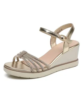 Women's Sparkly Glitter Ankle Strap Buckle Wedge Sandals in Gold Size: 5 - Gold - Size: 5 - IVACHY - FashionsVida