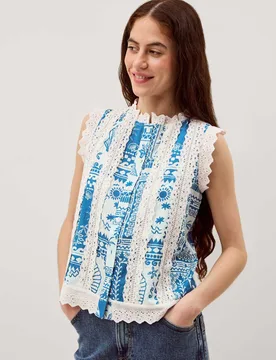 Pure Cotton Printed Button Through Tank Top Cobalt female - Monsoon - FashionsVida