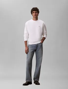 Felpa girocollo Jeans bianca in cotone con patch logo ricamato - Calvin Klein - FashionsVida