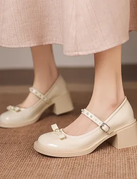Spring New Retro Style Round Head Bow Strap Bright Bead Decoration Thick Bottom Thick Heel Sandals - Aliexpress - FashionsVida
