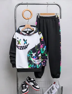 Conjunto de sudadera con capucha y pantalón para niño preadolescente con patrón colorido que brilla en la oscuridad - Shein - FashionsVida