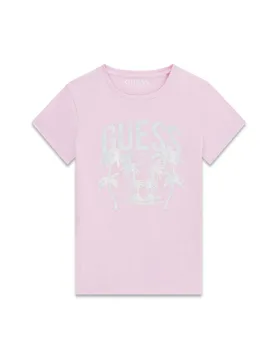 T-shirt mezza manica rosa in misto cotone con stampa logo laminata - Guess - FashionsVida
