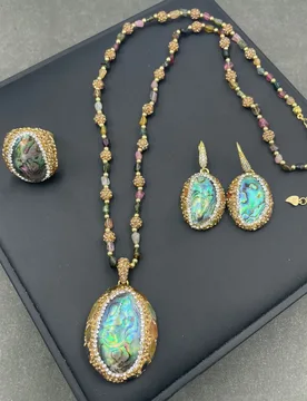 Natural deep-sea abalone shell inlaid Trim with tourmaline three piece set - Aliexpress - FashionsVida
