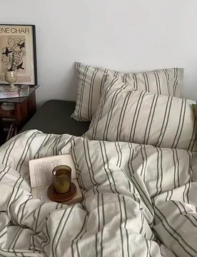 Juego de ropa de cama de 3 piezas 100% algodón estilo nórdico minimalista de temporada de regreso a la escuela Ins a rayas y cuadros de algodón pur - Shein - FashionsVida
