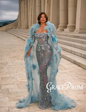 Feathered 3D Floral Luxury Evening Dress With Cape Shimmering Crystal Wedding Party Gowns Customized Chic Illusion Banquet Gowns - Aliexpress - FashionsVida