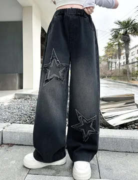 New 2025 Autumn Teenager Girls Jeans Five-Pointed Star Wide Leg Long Pants Baggy Denim Trousers for Kids 4 5 6 7 8 9 10 11 12 14 - Aliexpress - FashionsVida
