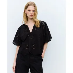 Blusa de mujer manga corta con calados y cuello mao