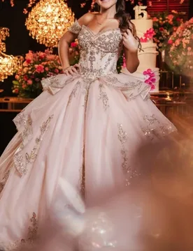Pink Quinceanera Dress off-shoulder Crystal Glitter Decal Layering Long tail Bow vestidos de 15 Quinceanera ﻿Customize - Aliexpress - FashionsVida