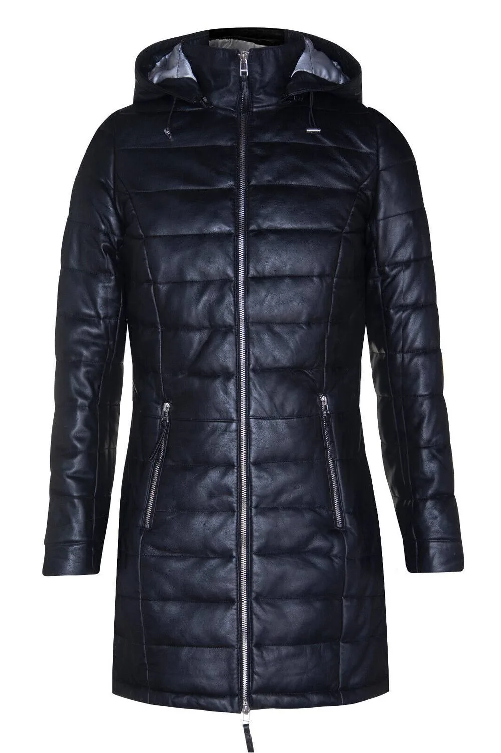 Leather Puffer Parka Jacket-Andria - Black - Size: 18 - Infinity Leather - FashionsVida