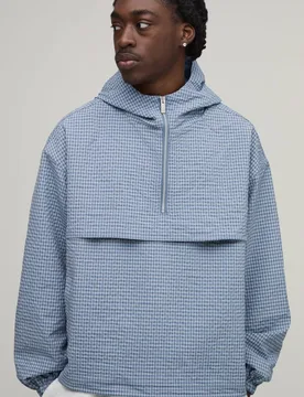 Men's Oversized Boxy Check ¼ Zip Hooded Cagoule Blue Size X-Large Blue XL - boohooMAN - FashionsVida