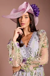Women's Lisa Tan Bow & Flower Detail Wide Brim Hat in Lilac - Lilac - Size: One Size