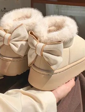 Par de zapatos planos casuales con diseño de lazo, forro térmico de EVA y suela antideslizante gruesa, adecuados para otoño/invierno, para adolesce - Shein - FashionsVida