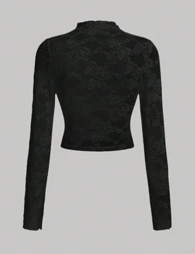 Top ajustado de manga larga de encaje transparente negro elegante para niña preadolescente, otoño/invierno - Shein - FashionsVida